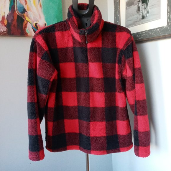 Eddie Bauer Tops - Eddie Bauer Buffalo plaid soft Plush fleece1/4 zip  pullover Size Large